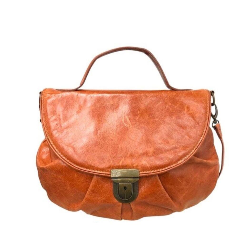 LAZZARI COGNAC ITALIAN LEATHER FLAP CRESENT CROSSBODY BAG